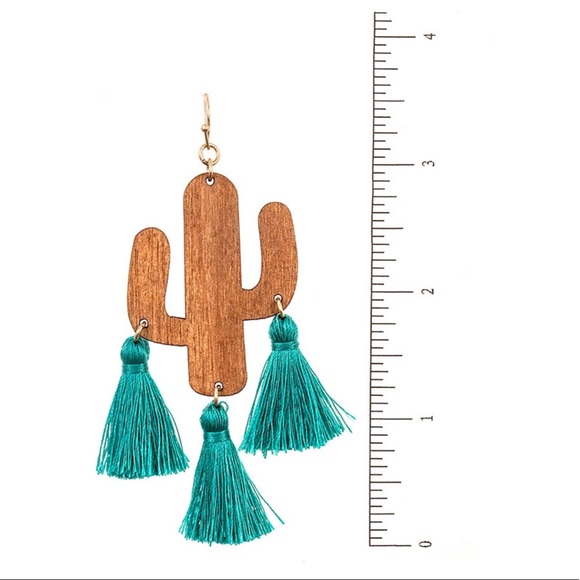 Cactus Fringe Earrings Dangle Wood Tassel Jewelry - Picture 2 of 2